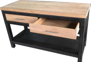 Salerno Rectangular Console Table, 50x20x1" teak top (no gaps between slats). With shelf and 2 Teak drawers